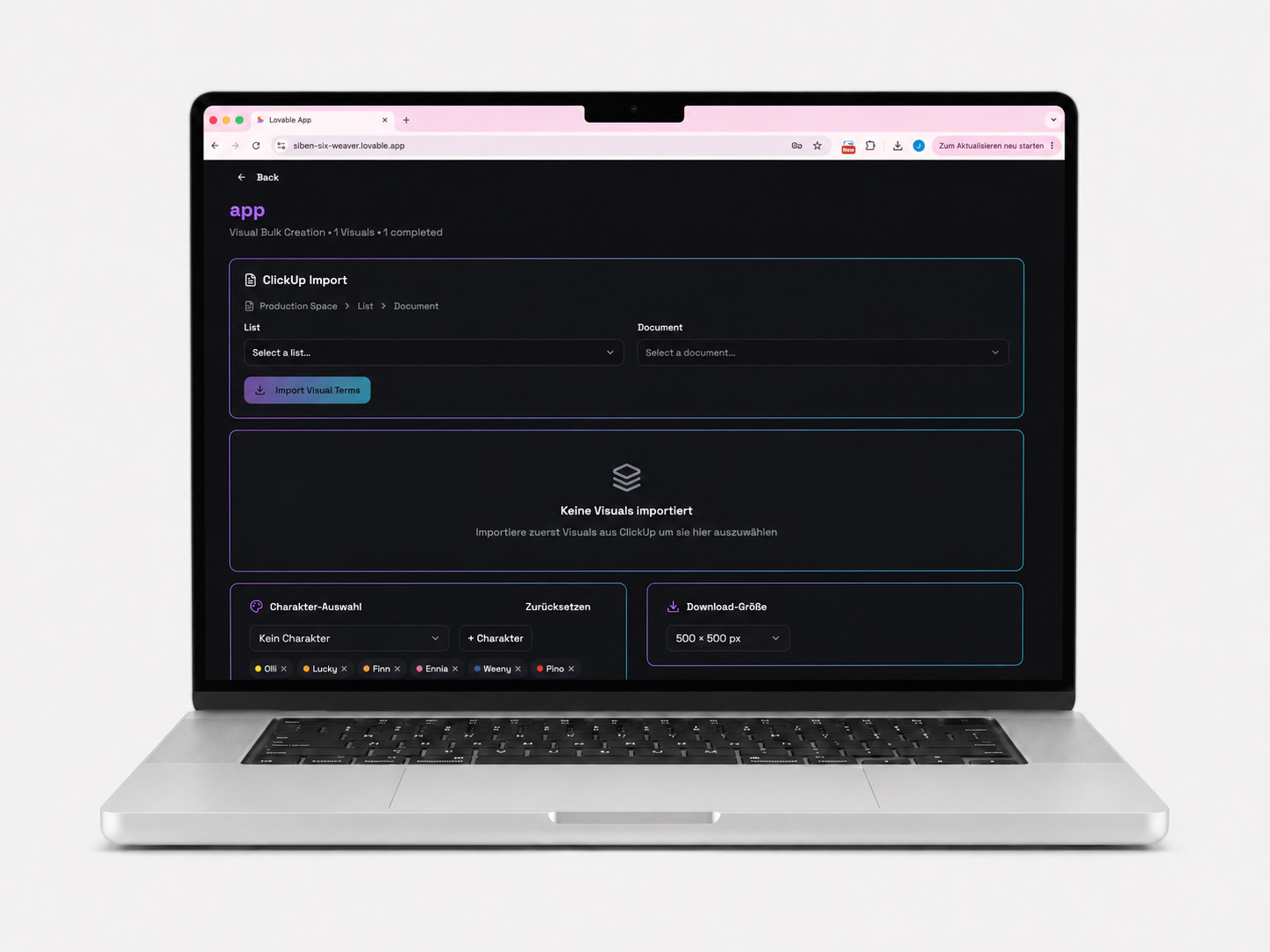 Produktions-App — Visual Bulk Creation mit ClickUp Import