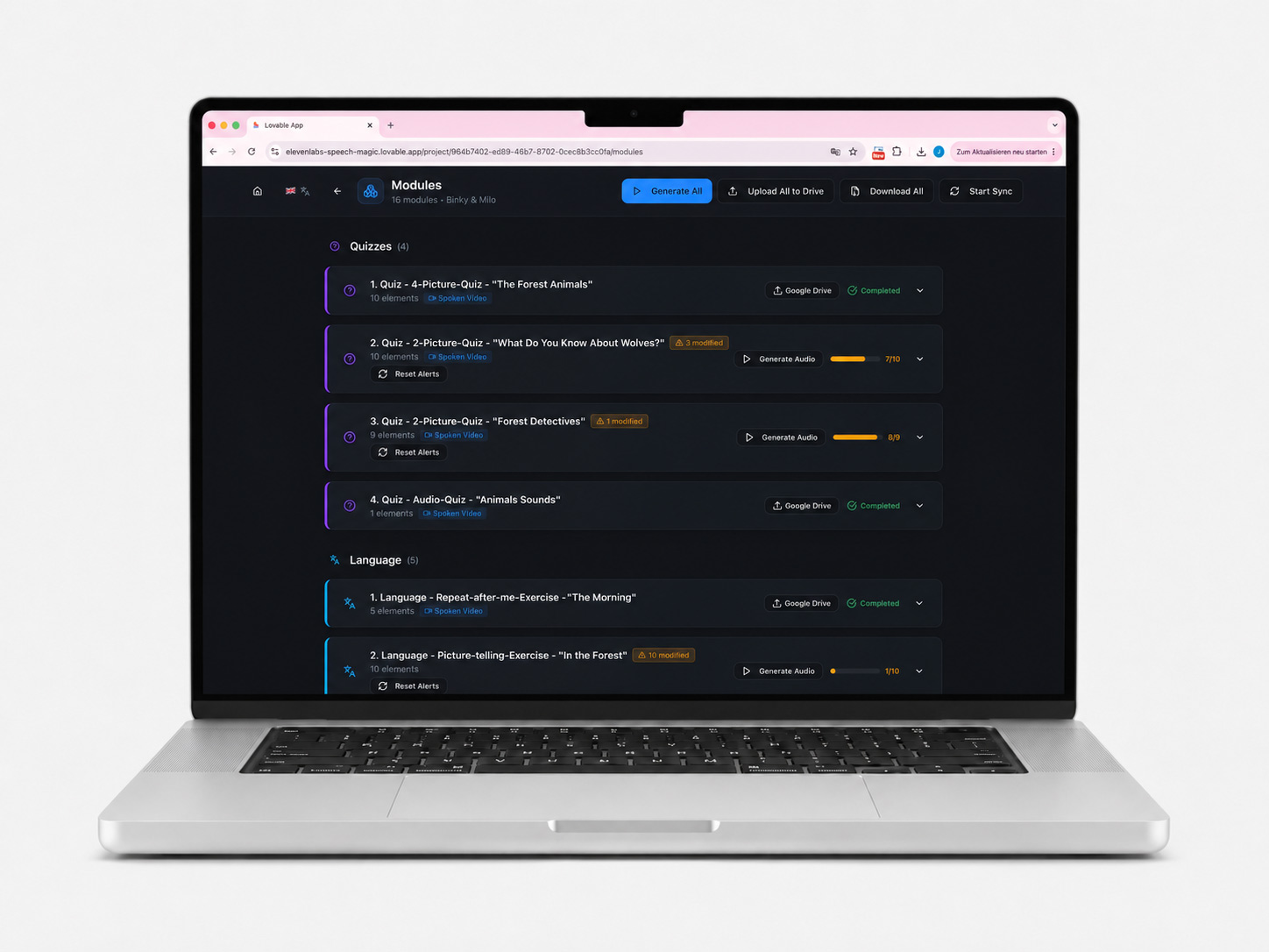Produktions-App — Modul- und Audio-Generierung Binky & Milo