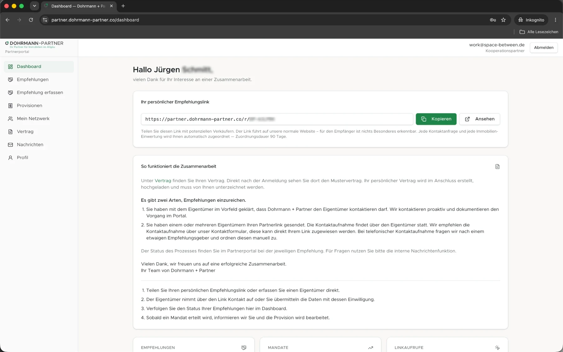 Partnerportal — Dashboard mit persönlichem Empfehlungslink und Ablauf der Zusammenarbeit