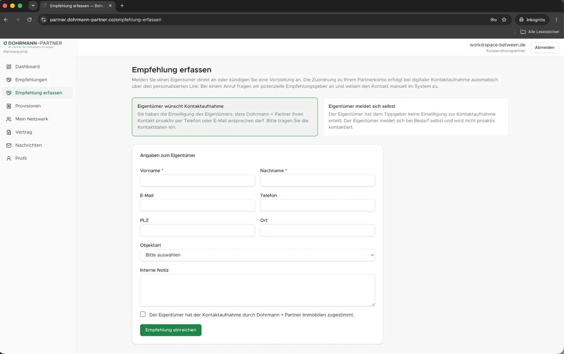 Partnerportal — Formular zum Erfassen einer Empfehlung