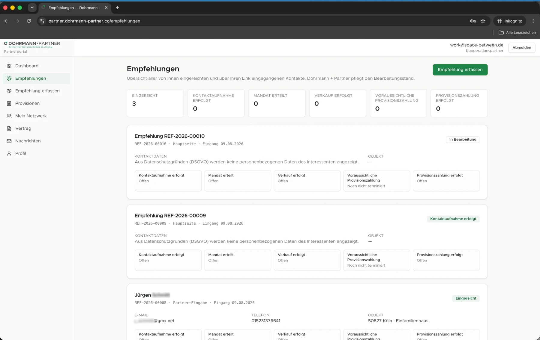Partnerportal — Empfehlungsübersicht mit Bearbeitungsstatus je Kontakt