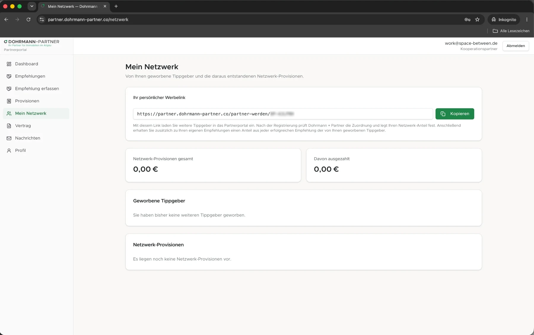 Partnerportal — persönlicher Werbelink und Netzwerk-Provisionen