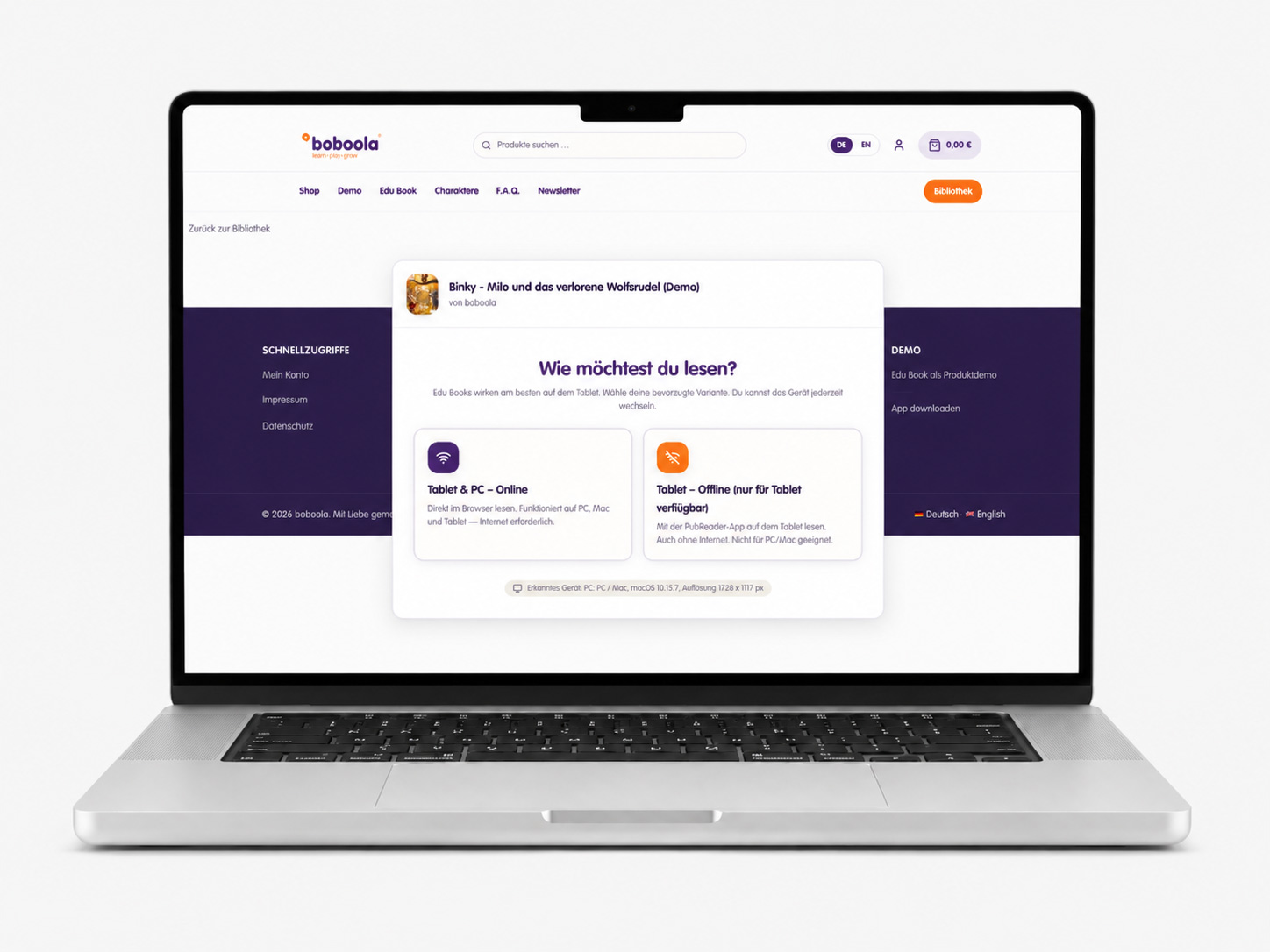 boboola Shop — Bibliothek mit Online/Offline Auswahl