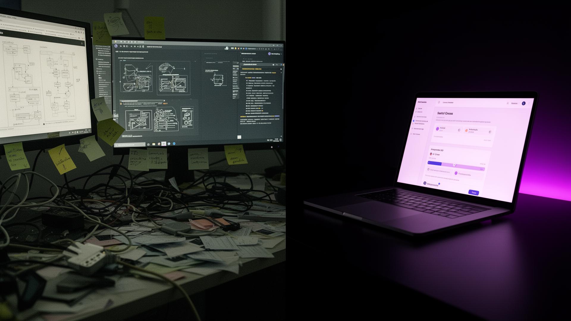 Vergleich: chaotisches altes Setup links, minimalistisches AI-Setup rechts