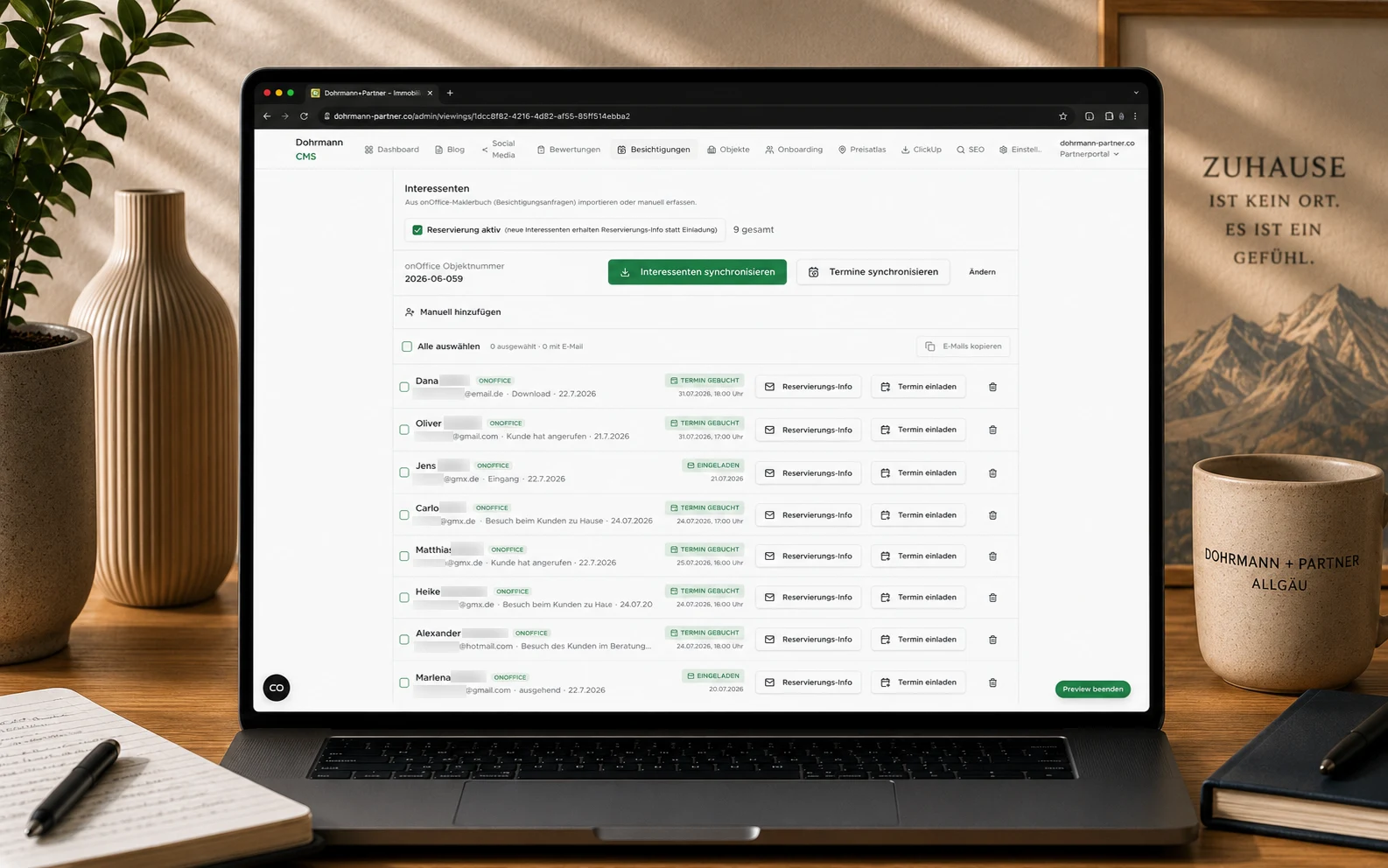 Besichtigungsmanager — Interessentenliste mit onOffice-Sync und Einladungen