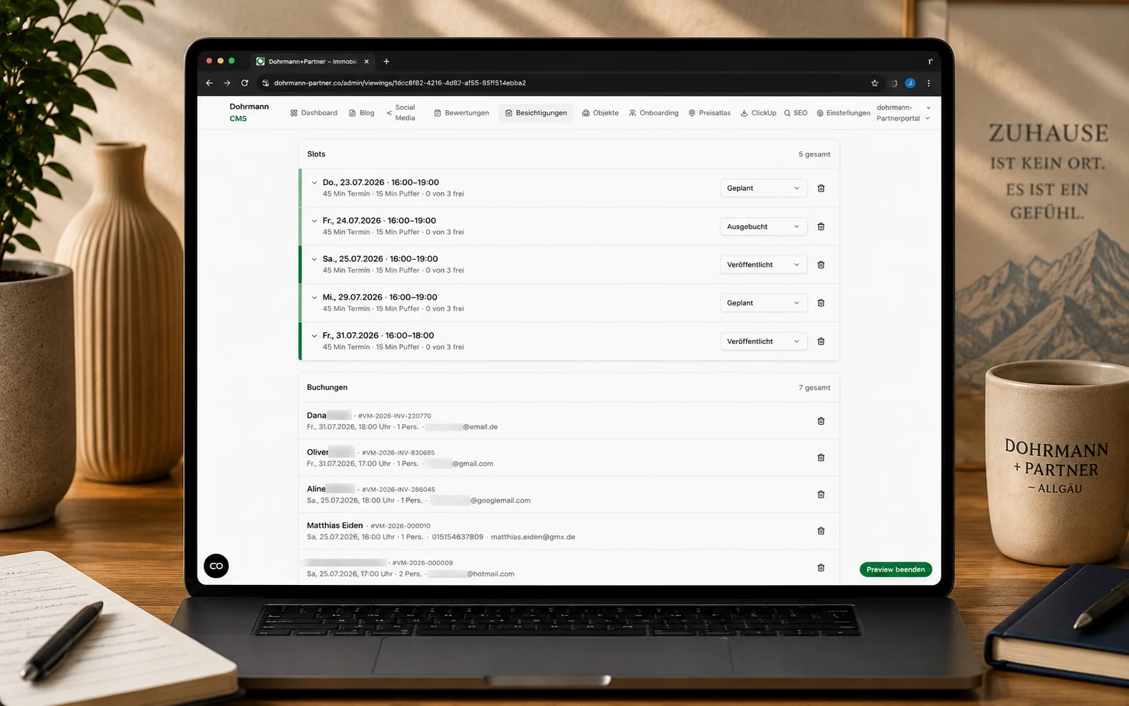 Besichtigungsmanager — Slot-Übersicht mit Status und Buchungsliste