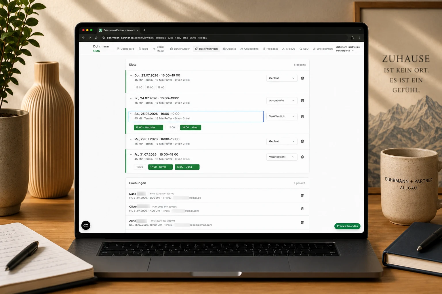 Besichtigungsmanager — freigegebene Slots mit gebuchten Terminen