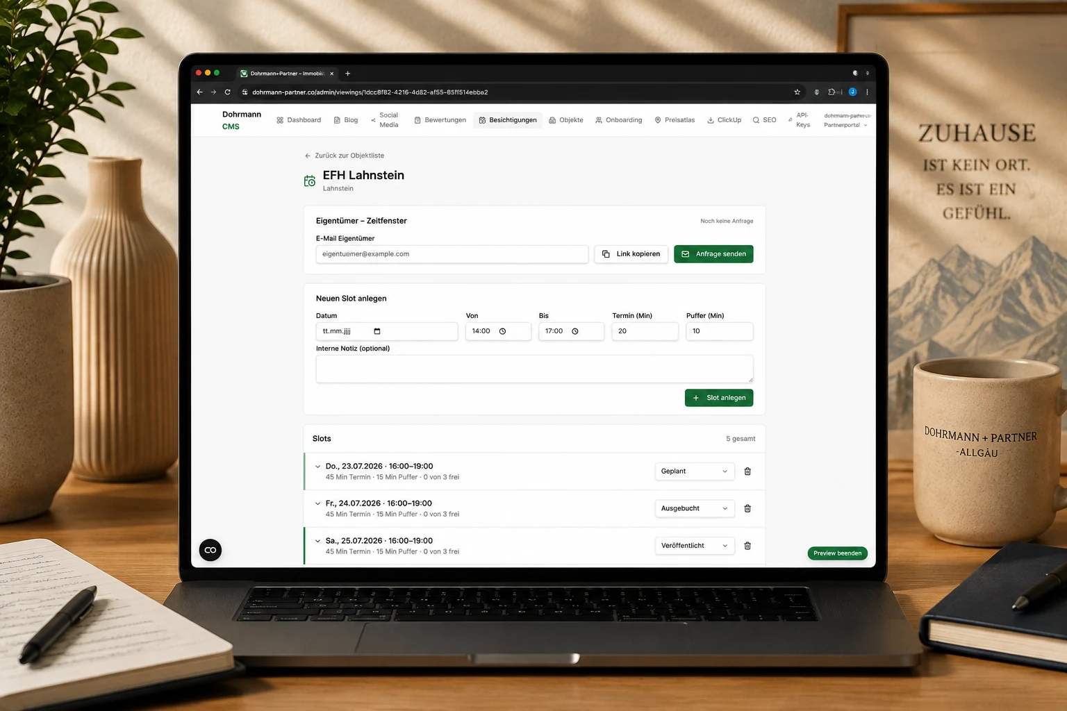 Besichtigungsmanager — Objektansicht mit Eigentümer-Zeitfenster und Slot-Anlage