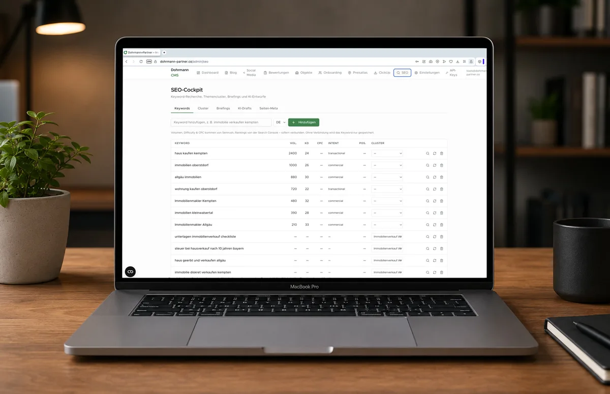 SEO-Cockpit — Keywords, Cluster und KI-Briefings